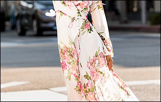 Alex Grey in beautiful long dress and high heels posing outdoor