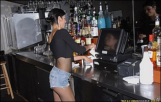 Hot waitress Alexis Fawx in body fishnet seducing a guy at the bar