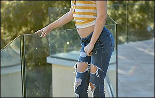 Cute teen Anastasia Knight takes off her t-shirt and jeans