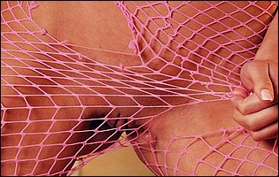 Brigitte Hunter in pink fishnet pantyhose poses for camera