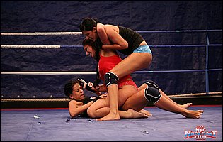 Wrestling match between Emma Butt, Diana Stewart and Larissa Dee