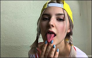 Cute busty blonde Eva Elfie sucking a big hard cock