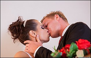 Beautiful bride Ferrara Gomez is having a hard sex with two guys