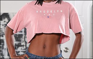 Beautiful ebony babe Hazel Grace strips off her pink t-shirt and denim shorts