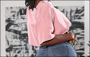 Beautiful ebony babe Hazel Grace strips off her pink t-shirt and denim shorts