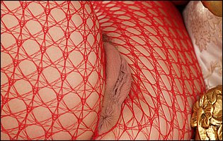 Jane Darling in red body fishnet posing and playing with a dildo