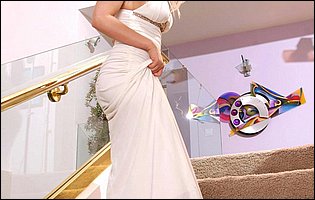 Kagney Linn Karter in sexy dress and stockings stripping on stairs