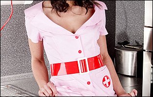 Cute nurse Little Caprice dildoing her pussy