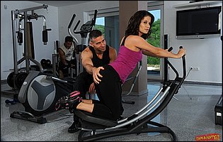 Sporty girl Madlin Moon fucking two guys in the gym