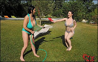 Michelle Monaghan and Karina Hart having fun outdoor