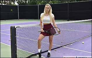 Beautiful tennis player Natalia Starr strips outdoor