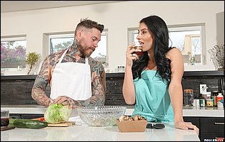 Nelly Kent getting fucked hard by tattooed guy in kitchen