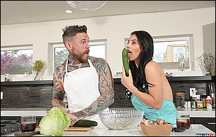Nelly Kent getting fucked hard by tattooed guy in kitchen