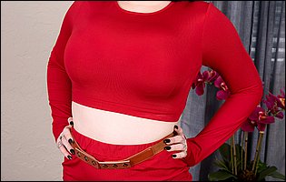 Nyx Monroe in red dress and black heels exposing big boobs and tight pussy