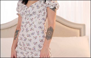 Cute brunette Raven Lane strips off her beautiful dress