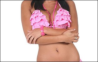 Sasha Cane takes off her sexy pink bikini and playing with a dildo