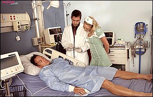 Cute nurse Shawna Lenee fucking her patient and a doctor at once