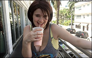 Cute busty brunette Tiggle Bitties poses for camera outdoor