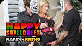 Alexis Fawx in nurse costume getting banged by two guys